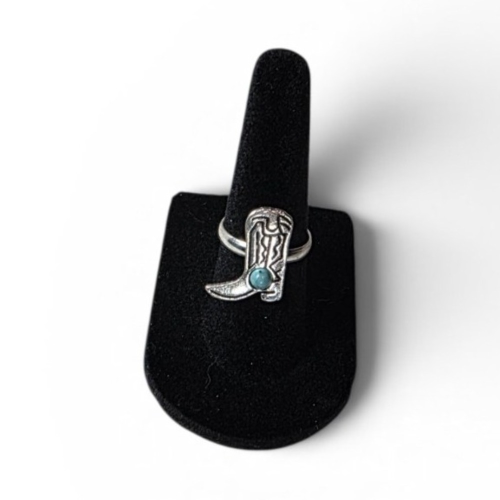 Western Boot Shape Adjustable Silver Ring Turquoise Round Bezel Stone Sz 5.5